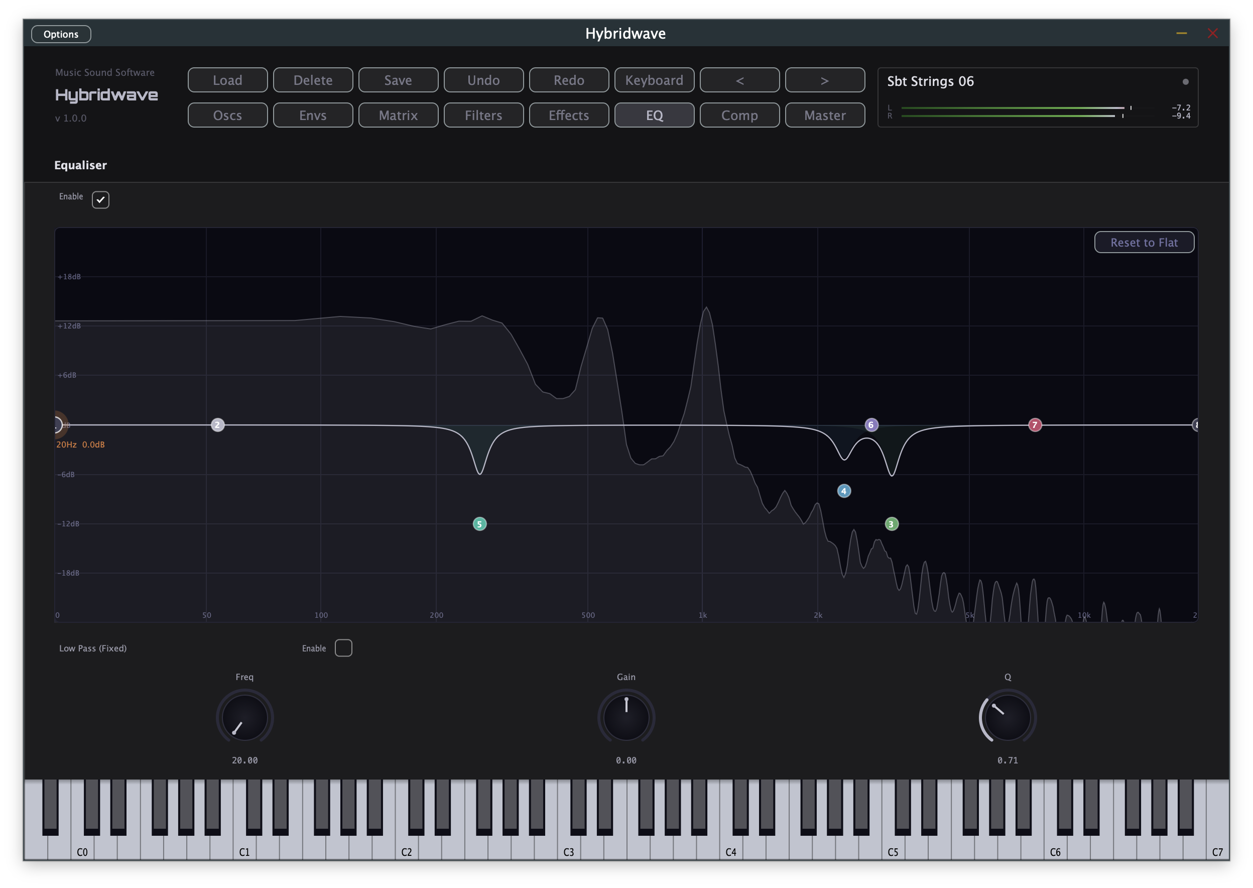 Hybridwave EQ page with several active bands and live spectrum overlay