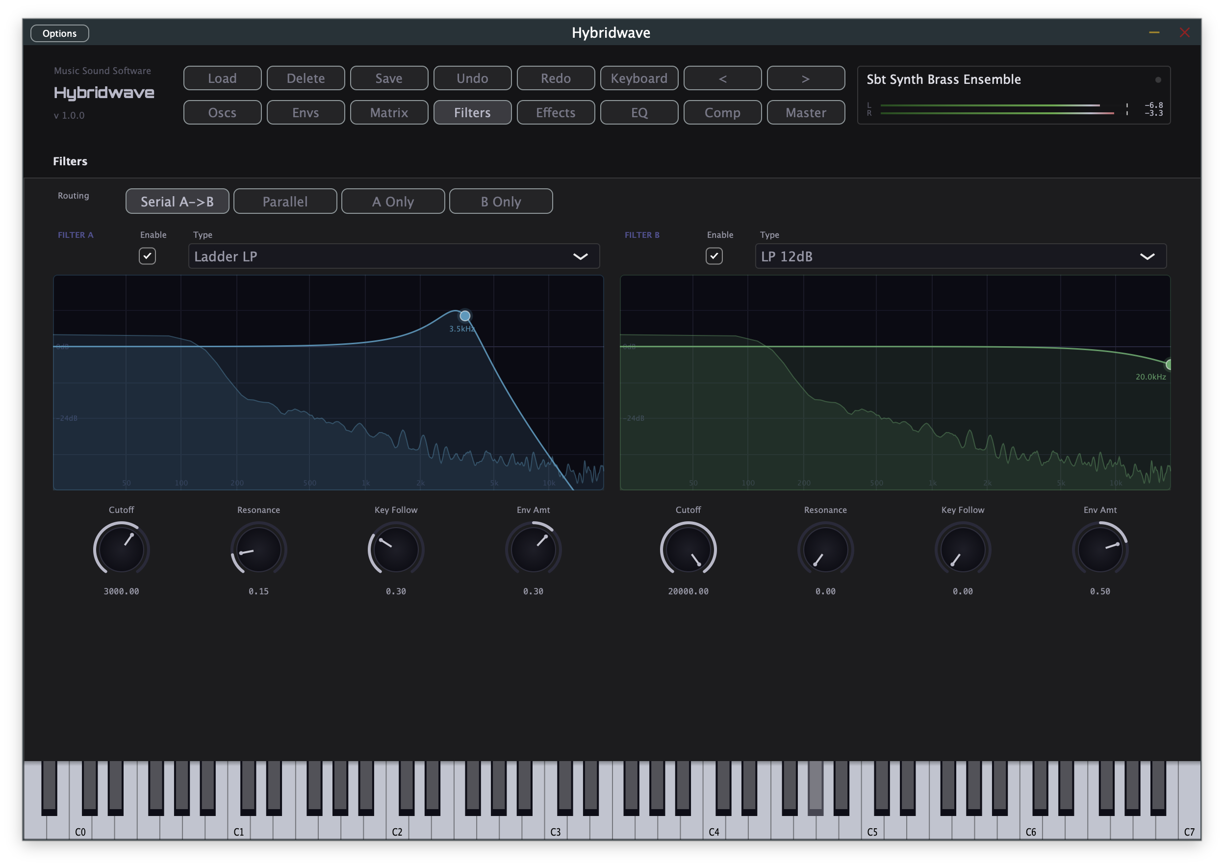 Hybridwave Filters page showing live spectrum overlay